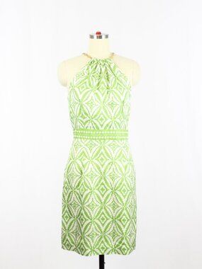 MILLY White Green Geometric Print Silk Twill Chain Halter Sheath Dress, Size 2